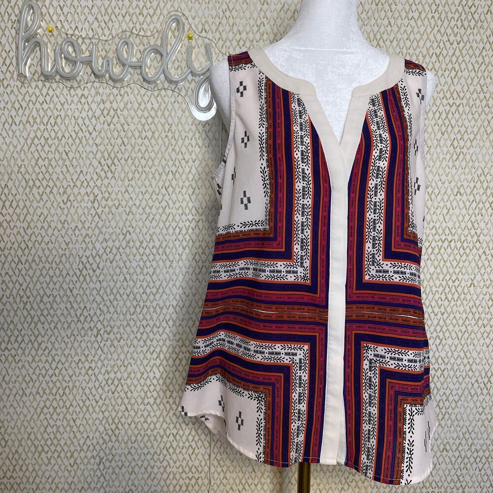 Sanctuary Lana Scarf Button Down Colorful No Collar Button Down Tank Top Size M